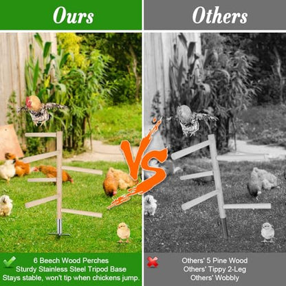 Kalekey Extra Large Chicken Perch Toy for Coop, 39.4" Roosting Bar for Chicken Coop Toys, Chicken 6 Branches Perch Stand Wooden with Metal Tripod Ground Plug for Poultry Rooste