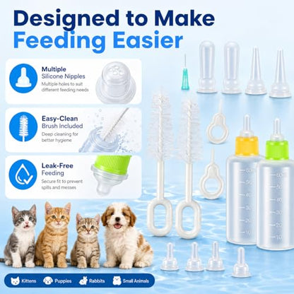 Tondiamo 17 Pcs Kitten Bottle Feeding Kit Puppy Bottles for Nursing Puppy Milk, Replacement Nipples Cleaning Brushes Bottle Opening Needles for Newborn Pet Cat Dog Rabbit Goat, Yellow, Green - color: Yellow, Green