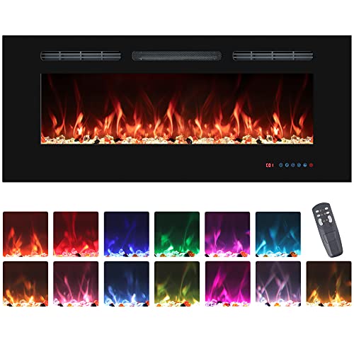 42" Electric Fireplaces Inserts, Recessed & Wall-Mounted Fireplace Heater with Thermostat, Multicolor Flames,Timer, Log & Crystal, 750/1500W - size: 42 inch