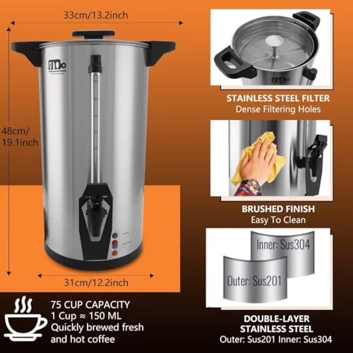 75 Cup 12L/3.17Gallon Commercial Coffee Urn, Festa Essential 950W Large Percolate Coffee Maker, Hot Beverage dispenser With Double Dripless Faucet, Quick-Brewing Hot Water Urn for Catering,Home,Events - size: 12L-75Cups
