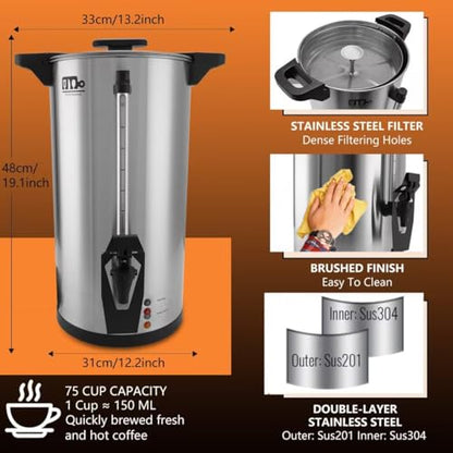 75 Cup 12L/3.17Gallon Commercial Coffee Urn, Festa Essential 950W Large Percolate Coffee Maker, Hot Beverage dispenser With Double Dripless Faucet, Quick-Brewing Hot Water Urn for Catering,Home,Events - size: 12L-75Cups
