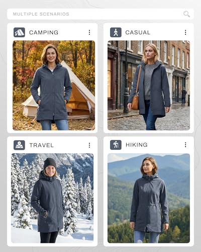 Outdoor Ventures Women's Softshell Jacket with Removable Hood Fleece Lined Windbreaker Insulated Long Warm Rain Jacket - color: Grey Blue Heather, size: Small