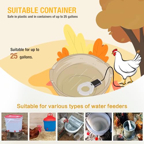 250W Chicken Water Heater, Submersible Bucket Heater Deicer for 5 Gallon, Heated Chicken Waterer for Winter, Freeze-Proof Poultry Waterer, Stock Tank & Water Trough Warmer for Livestock - size: 250Watt