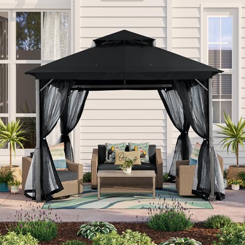MASTERCANOPY Outdoor Patio Gazebo with Double Roofs, Stable Steel Frame and Mosquito Netting (9x9,Black) - color: Black, size: 9x9