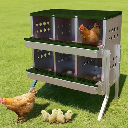 Chicken Nesting Box, 6 Compartment Roll Away Laying Box for Hens, Heavy-Duty Galvanized Steel, Front Egg Collection Tray, 6 Training Eggs Included - color: Green, size: 6 Compartments & 6 Eggs