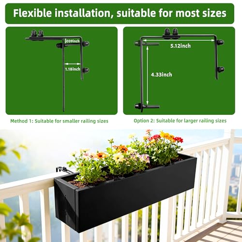 2 Pack Metal Railing Planter Box, 30 Inch Balcony Planters with Adjustable Brackets, Large Hanging Planters for Outdoor Fence Deck - color: Black 2pcs