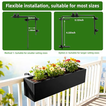 2 Pack Metal Railing Planter Box, 30 Inch Balcony Planters with Adjustable Brackets, Large Hanging Planters for Outdoor Fence Deck - color: Black 2pcs