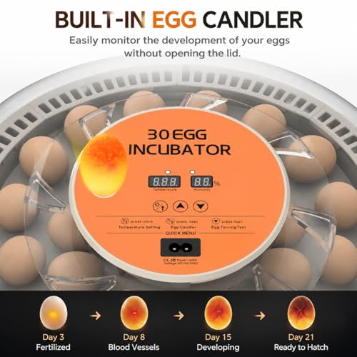 30 Egg Incubator with Automatic Egg Turning, Temperature Control and Humidity Monitor Incubators for Hatching Eggs, Chicken, Ducks, Goose, Pigeon, Quail, Parrot Incubator for Farm, Lab - size: 30-EGGS