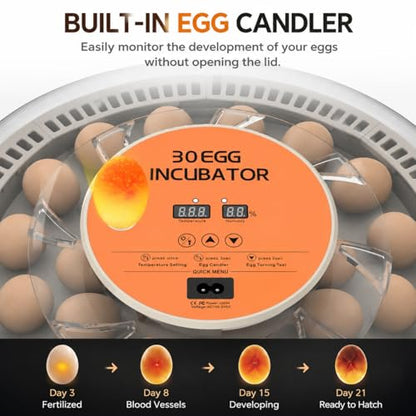 30 Egg Incubator with Automatic Egg Turning, Temperature Control and Humidity Monitor Incubators for Hatching Eggs, Chicken, Ducks, Goose, Pigeon, Quail, Parrot Incubator for Farm, Lab - size: 30-EGGS