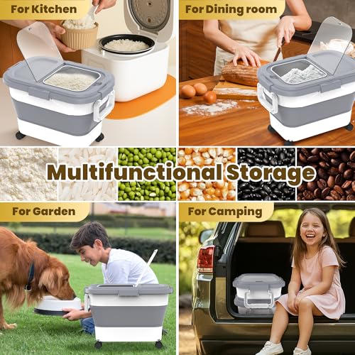 HOYTAMDA 20-30Lbs Rice Container,Collapsible Airtight Food Storage Containers with Wheels,Handle,Rice Storage Container with Small Bin and Scoop - color: Grey/20-30lbs