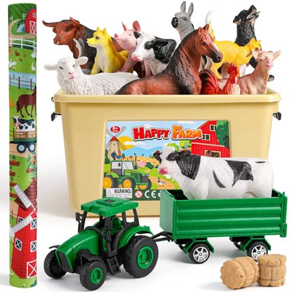 Farm Animal Toys for Toddlers,38 PCS Realistic Animal Figurines Toys with 47.2”x31.4” Large Activity Play Mat and Tractor Toy,Farm Playset Educational Learning Toy for Toddlers Kids 3-5