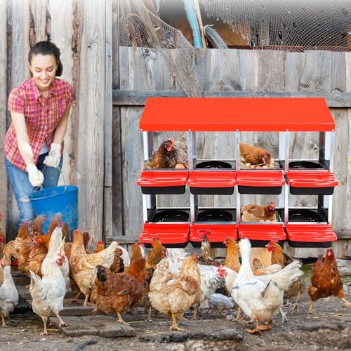 GarveeHome 2-Tier Chicken Nesting Box, 8 Compartment Metal Chicken Laying Boxes with Waterproof Roof ＆ Removable Trays for Hens, Poultry，Easy Egg Collection - color: Red, size: 8 holes