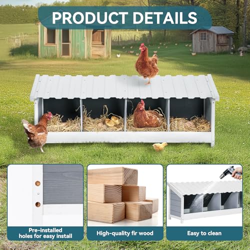 PETSFIT 4 Holes Chicken Nesting Box-All Weather PVC Roof, Natural Wood Design with Privacy Back Panel for Hens-Wall Mounted or Floor Use in Coops, Farms, Backyards,Easy to Assemble - size: 4 Holes