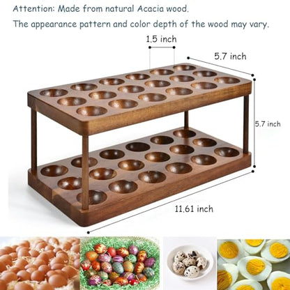 Acacia Wooden Double Layer Egg Holder, 36 Capacity Farmhouse Kitchen 2 Tier Fresh Egg Storage Rack Basket, Deviled Eggs Plates Eggs Tray Organizer for Countertop