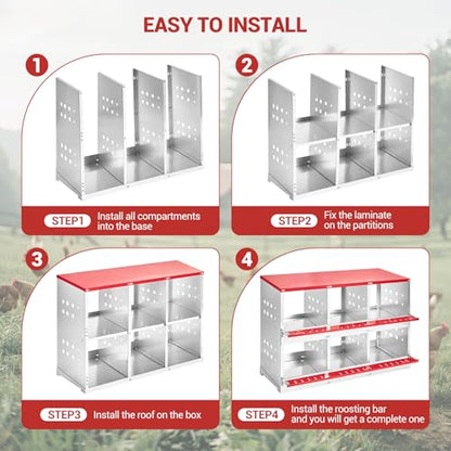 GarveeLife Chicken Nesting Boxes for Laying Eggs, Metal Chicken Nesting Box with Vented Holes and Swing Perch for Chicken Coop, Egg Laying Boxes for Chickens, Hens, Ducks (6 Compartments) - size: 6 compartments
