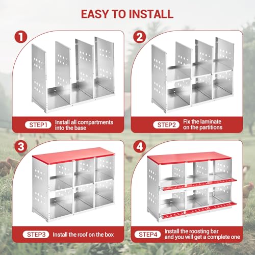 GarveeLife Chicken Nesting Boxes for Laying Eggs, Metal Chicken Nesting Box with Vented Holes and Swing Perch for Chicken Coop, Egg Laying Boxes for Chickens, Hens, Ducks (6 Compartments)