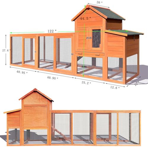 122" Large Chicken Coop Wooden Backyard Hen House - Indoor Outdoor Poultry Pet Hutch Garden Backyard Cage 2 Story Poultry Cage with Run, Chicken Nesting Box, Pull Out Trays and Anti-Slip Asphalt Ramp - color: Natural