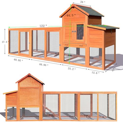 122" Large Chicken Coop Wooden Backyard Hen House - Indoor Outdoor Poultry Pet Hutch Garden Backyard Cage 2 Story Poultry Cage with Run, Chicken Nesting Box, Pull Out Trays and Anti-Slip Asphalt Ramp - color: Natural