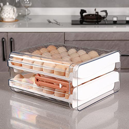 Sooyee 60 Capacity Egg Container for Refrigerator, Household Egg Holder with Time Memory, Transparent 2 Drawers Chicken Egg Storage Container, White - size: 60 Capacity