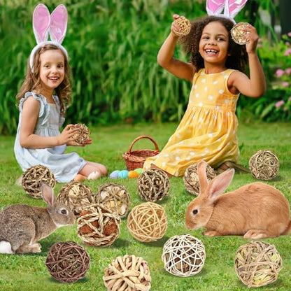 Bunny Chew Grass Balls, Rolling Chew Toys for Small Animals, Improving Dental Health, Natural Chew Grass Toys for Rabbits, Guinea Pigs, Chinchillas, Hamsters, Mice (16 Pcs) - size: Rabbit balls-16P
