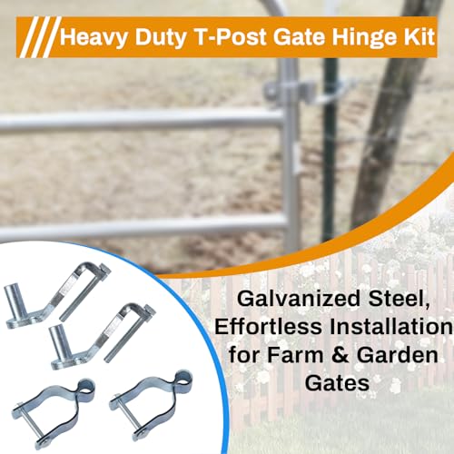 2-Pack T-Post Gate Hinge Kit for Chain Link Fence, Galvanized Steel 1-5/8" Female Hinge Pins with Hardware, 200+° Swing Easy Installation for Farm Garden Backyard Gate