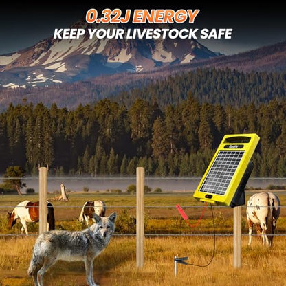 24 Hour Solar Electric Fence Charger, 20 Miles, Up to 10200v Output Range Electric Fence Charger, 0.32J Portable Energizer with Solar Panel for Livestock & Predator Protection - color: Yellow