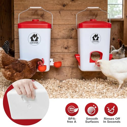 Automatic Chicken Feeder and Waterer Set 3 Gal BPA-Free Chicken Feeders No Waste with 2.2in Poultry Watering Cups Rainproof Lid Standing or Hanging Use