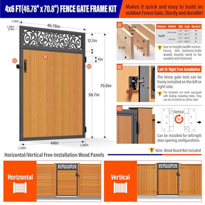 4x6FT (46.78"W X 70.8"H) 201 Stainless Steel Anti Sag Wooden Fence Gate Kit Heavy Duty Garden Gate Frame Hardware Kit Reinforcement (Left/Right Free-Installation) - size: W4xH6 FT-European