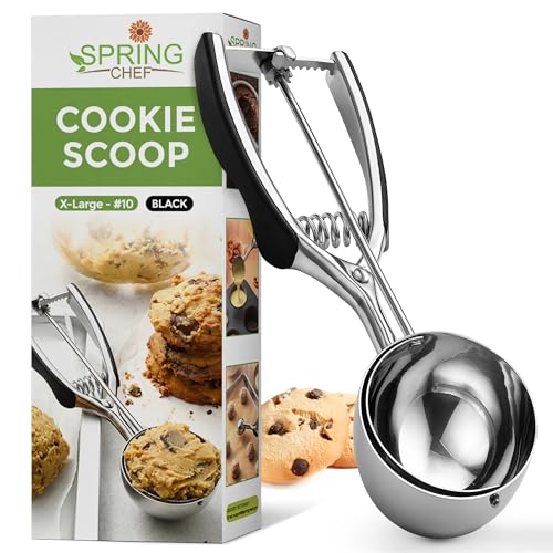 Spring Chef Extra Large Cookie Scoop, 18/8 Stainless Steel Melon Baller Scoop, Spring Loaded Trigger Release for Cookie Dough, Ice Cream, Meatball, Cupcake, 5.5 tablespoon (tbsp) portion, #10, Black - color: Black, size: #10 - X-Large - 5.5 Tbsp