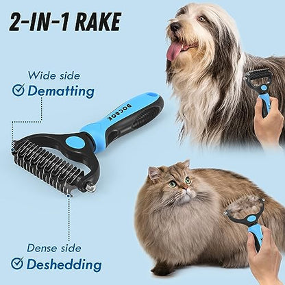 Docrok Pet Grooming Combo - Blue Deshedding Brush with Metal Comb for Detangling and Dematting Long, Matted Fur on Cats and Dogs - color: Blue