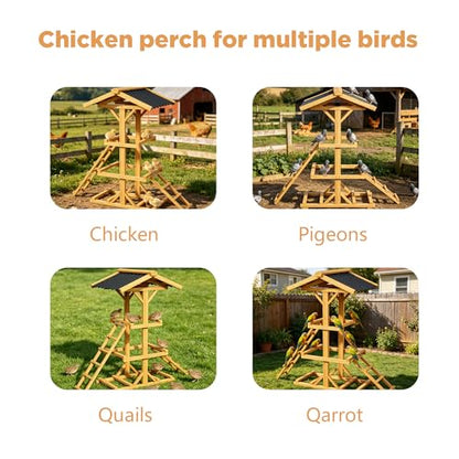 Wooden Chicken Roost Perch with Dual Ladders, Multi-Tier Activity Stand, Waterproof Sun-Resistant Roof Design for Backyard Chicken Coop - color: C02 Brown with Black