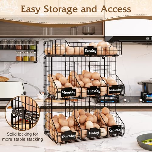 X-cosrack Egg Holder Countertop, 3 Tier Egg Rack with Labels Dividers to Separate Eggs, Stackable Wire Baskets for Fresh Egg, XXL Egg Dispenser for Countertop/Wall-Mounted (Patent Pending) - color: Black
