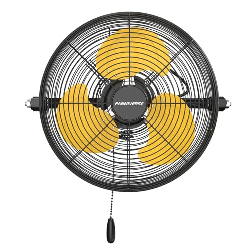 12 Inch High Velocity Wall Mount Fan, 2800 CFM Heavy Duty Metal Commercial Wall Fan, 360° Tilt & Pull Chain for Garage, Workshop, Gym & Covered Patio - color: Yellow, size: 12 Inch