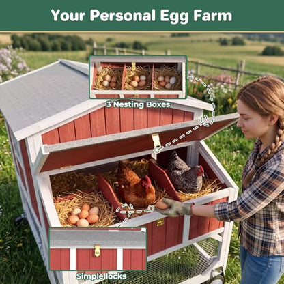 Large Chicken Coop with Wheels, Outdoor Hen House Tractor for 3-6 Chickens | 3 Nesting Boxes, 6 Access Doors, Pull-Out Tray, Mobile, Expandable, Easy-Clean, Breathable, 95"L - size: 95.0"L x 32.0"W x 45.0"H