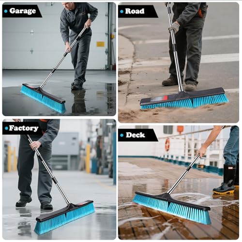 MASTERTOP 24" Heavy Duty Push Broom with Ultra-Sturdy Adjustable Handle, 6-Layer Stiff Bristles Garden Yard Broom, Outdoor Sweeping Brush for Garage, Patio, Driveway, Warehouse, Deck, Tile & Concrete - color: Push Broom Blue