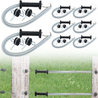 Hicarer 4 Set Electric Fence Gate Kit with Spring Handles & Screw-in Ring Insulators, 16ft Retractable Tension Spring for Farm, Ranch, Garden, Heavy Duty Black Electric Fencing Accessories for Safety