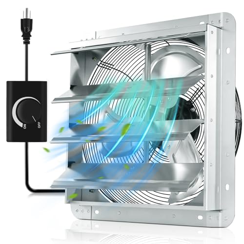 YOZON 16" Shutter Exhaust Fan with Speed Controller, Wall Mounted Wall Exhaust Fan, Automatic Shutter, High Speed, 1940CFM, Vent Fan for Garage, Greenhouse, Shed, Warehouse and Workshop - Silver - size: 16 INCH Silver