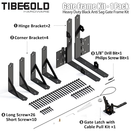Anti Sag Gate Frame Kit, Heavy Duty Gate Corner Brace Brackets, Gate Hardware Kit with Self-Locking Gate Latch for Outdoor Wooden Fences, Driveway Gates, Shed Doors, Corral, Black, 1 Set