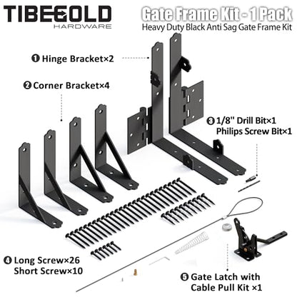 Anti Sag Gate Frame Kit, Heavy Duty Gate Corner Brace Brackets, Gate Hardware Kit with Self-Locking Gate Latch for Outdoor Wooden Fences, Driveway Gates, Shed Doors, Corral, Black, 1 Set