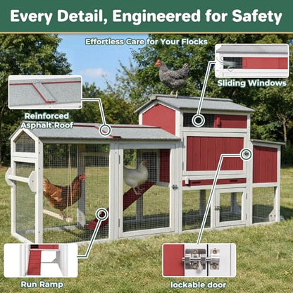 Chicken Coop with Run, Mobile Chicken Tractor Hen House Weatherproof with Wheels, Nesting Box, Roosting Bars, Pull-Out Tray, Asphalt Waterproof Roof & Fun Swing for Chickens Quails Small Animals - color: Red