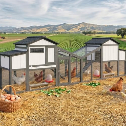 Ketive Large Chicken Coop and Run for 6-8 Chickens, 130.6" L Wooden Hen House, 2 Story Poultry Cage with Nesting Box, Pull-Out Tray, 4 Perches, Ramp, Indoor/Outdoor Pet Hutch Backyard Use, Black - size: 130.6"L x 26.0"W x 39.2"H