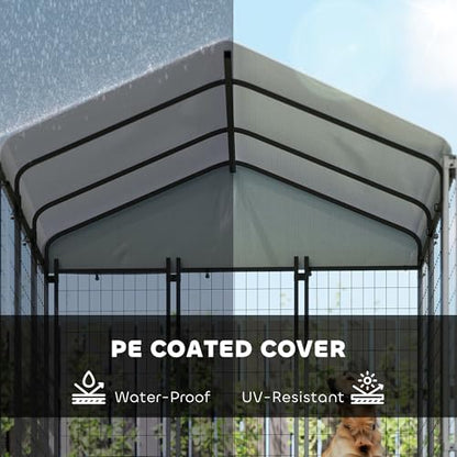 PawHut Outdoor Dog Kennel with Roof, 6' x 6' x 6' Heavy Duty Welded Wire Dog Playpen Enclosure with Escape-Proof Lock, UV-Resistant & Waterproof Cover, for Large Dogs, Chickens, Ducks, Silver - size: 71.3"L x 71.3"W x 72.0"H, style: Single Room