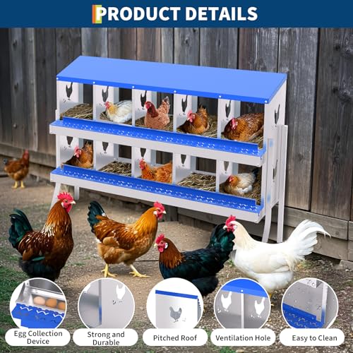 Garvee Rustproof Galvanized Metal Chicken Nesting Box – 10 Compartments, Roll Away Egg Collection, Perch, Ventilated, Easy Install and Clean, with Bracket, Blue - color: Blue, size: 10 holes with legs