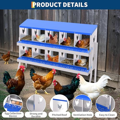 Garvee Rustproof Galvanized Metal Chicken Nesting Box – 10 Compartments, Roll Away Egg Collection, Perch, Ventilated, Easy Install and Clean, with Bracket, Blue - color: Blue, size: 10 holes with legs