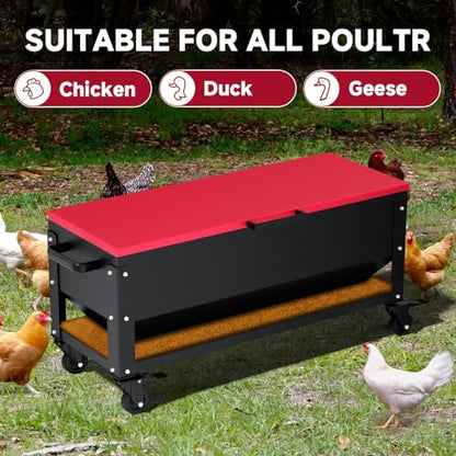 Heavy Duty Chicken Feeder 120 lbs Large Capacity, Metal Automatic Poultry Feeding Box with Waterproof Lid, Raised Standing Feeder with Wheels for Hens & Roosters, Portable & Easy to Move - color: Red