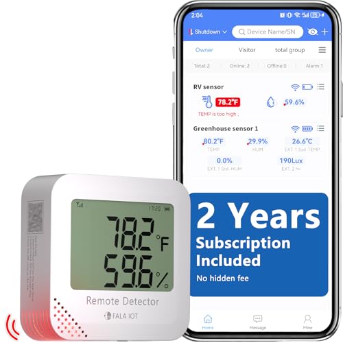 4G Cellular Temperature & Humidity Monitor, RV Pet Safety Temp Humidity Monitoring System, Remote Power Outage Sensor for Car, Camper, Greenhouse, Freezer, 2 Years Subscription Included | No WiFi Required, SMS/Email/Sound&Light Alerts, Unlimited Contacts,