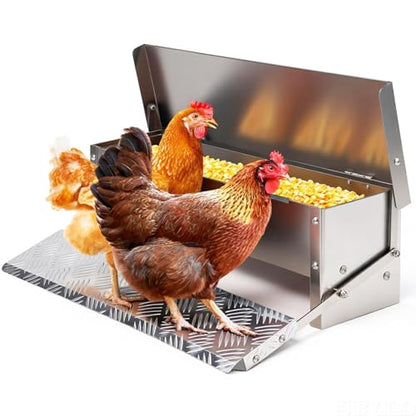 Chicken Feeder No Waste Rat Proof Automatic Treadle Feeder 15 Lbs | Poultry Feeder,Stainless Steel Material,Heavy Duty,With Lid & Legs,Weatherproof,Rainproof,Used for Outdoor & Chicken Coop