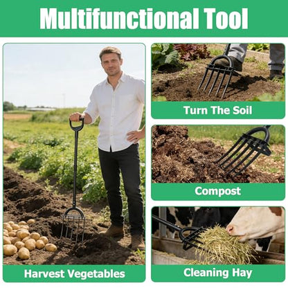 LLARGUEST Pitch Fork, 69" Heavy Duty Metal Garden Fork for Loosening Soil Broadfork with Ergonomic D-Grip Handle, 5-Tine Digging Fork Hay Fork for Compost,Mulching,Manure.