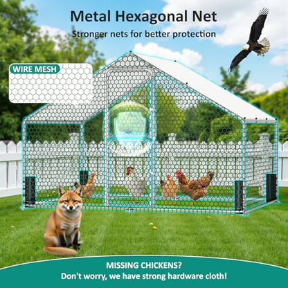 Large Metal Chicken Coop, Walk-in Chicken Run with Feeding Door, Security Lock and Cover, Outdoor Duck/Rabbit Cage Poultry Pen for Backyard, Farm, Yard (Silver - Spire Roof, 9.8 x 6.5 x 6.5 FT)