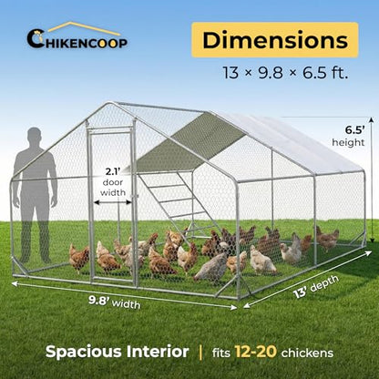 CHIKENCOOP 13x9.8x6.5 ft Large Metal Chicken Coop, Chicken Run with Cover | Extra-large walk-in enclosure with waterproof UV-resistant cover, reinforced frame, and 47 x 41 in eucalyptus perch. - size: 158.0"L x 118.0"W x 80.0"H